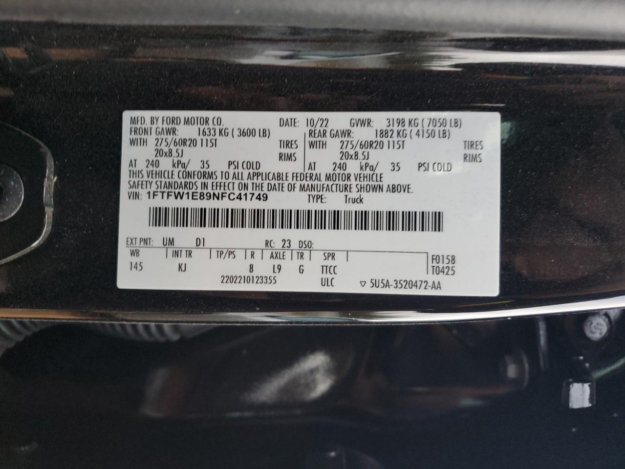 2022 FORD F150 SUPERCREW VIN:1FTFW1E89NFC41749