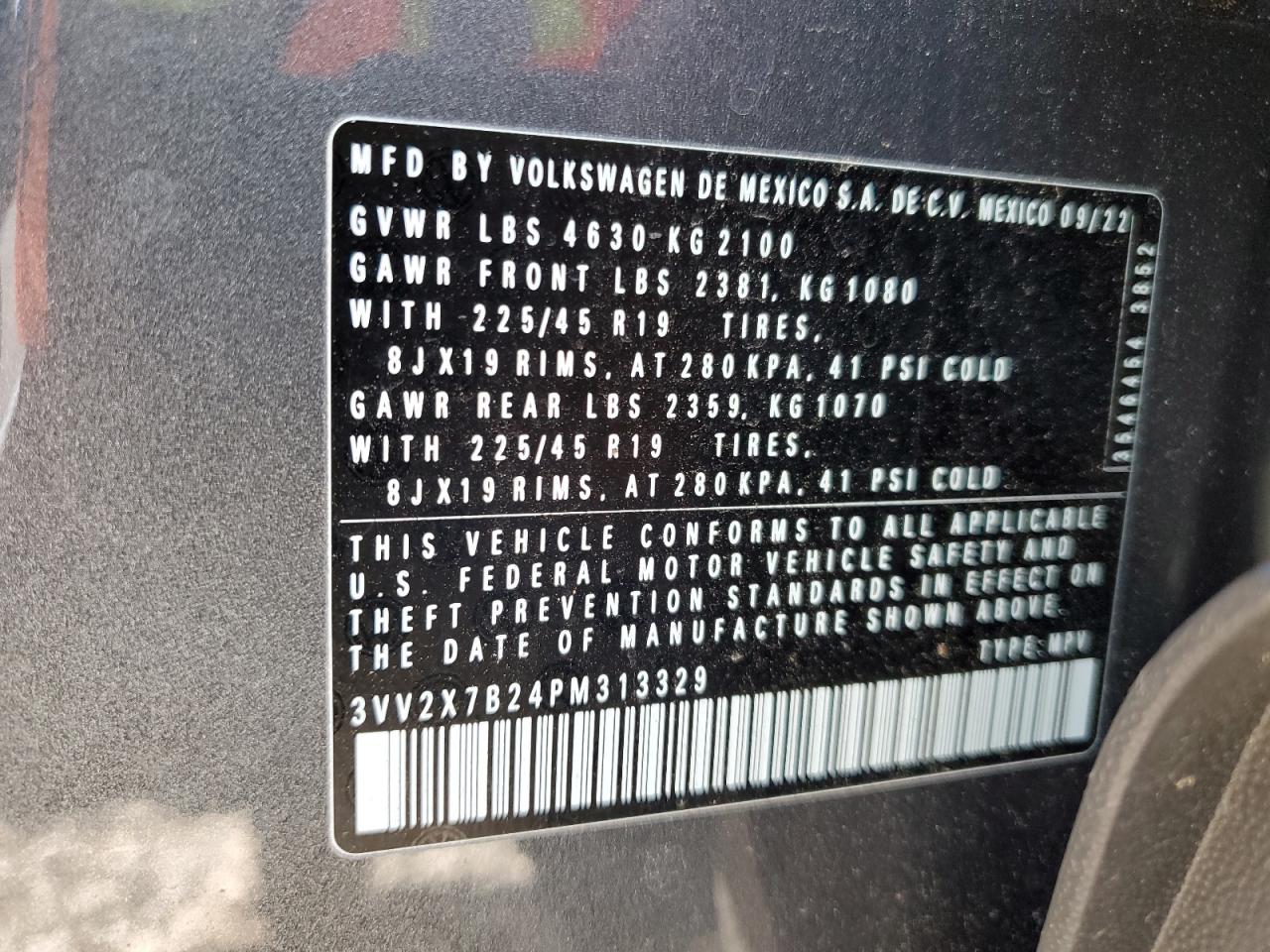 2023 VOLKSWAGEN TAOS SEL VIN:3VV2X7B24PM313329