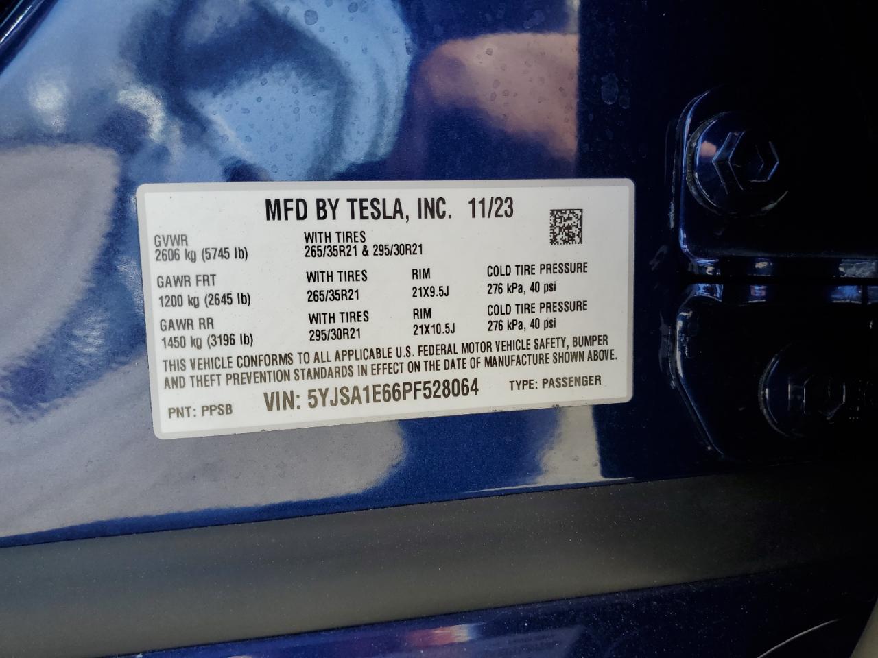 2023 TESLA MODEL S VIN:5YJSA1E66PF528064