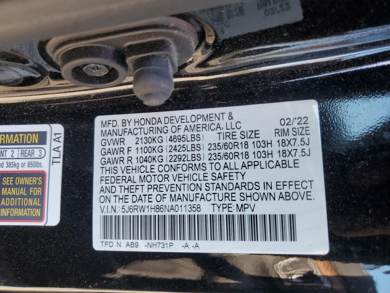2022 HONDA CR-V EXL VIN:5J6RW1H86NA011358