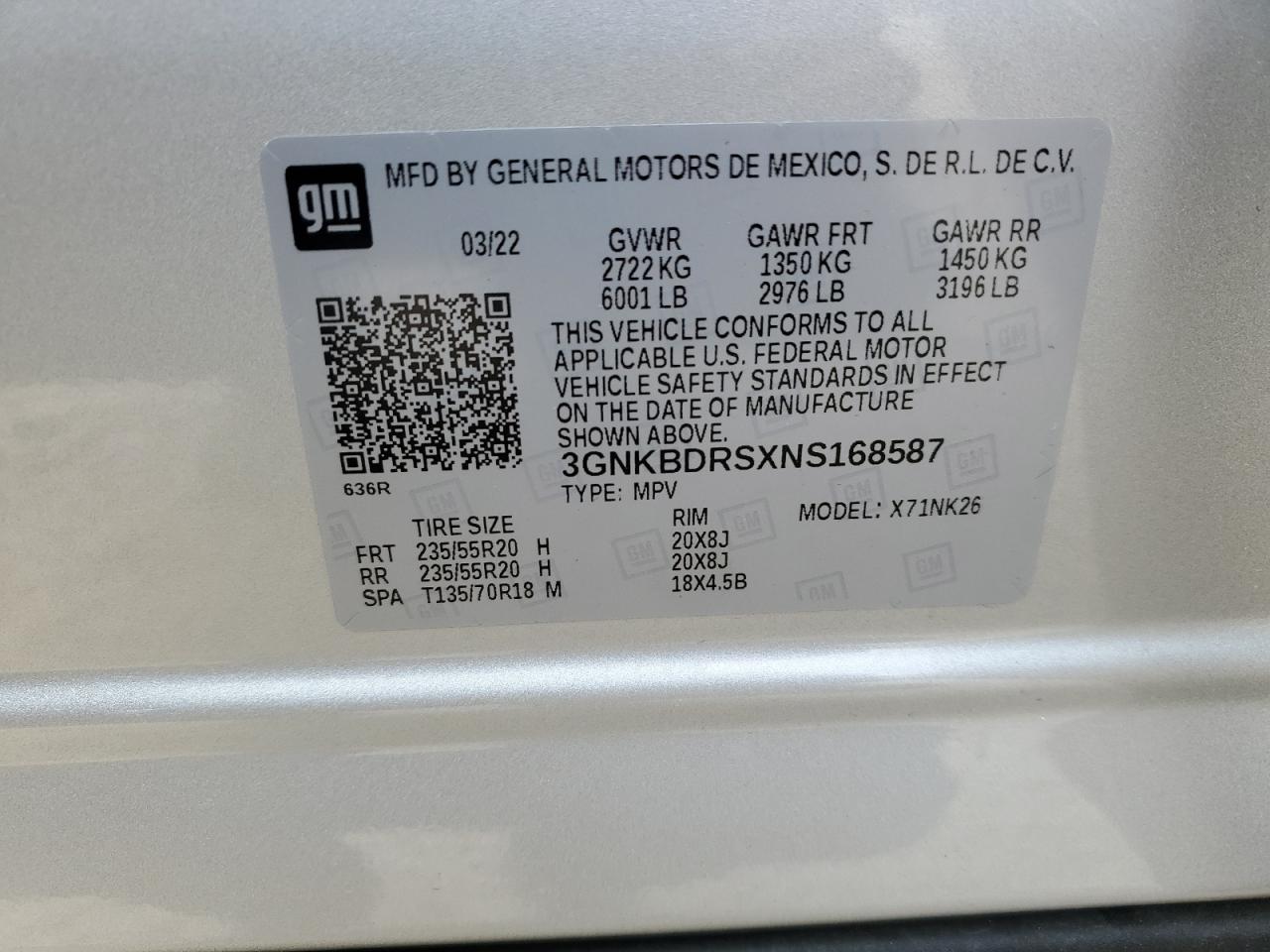 2022 CHEVROLET BLAZER 3LT VIN:3GNKBDRSXNS168587