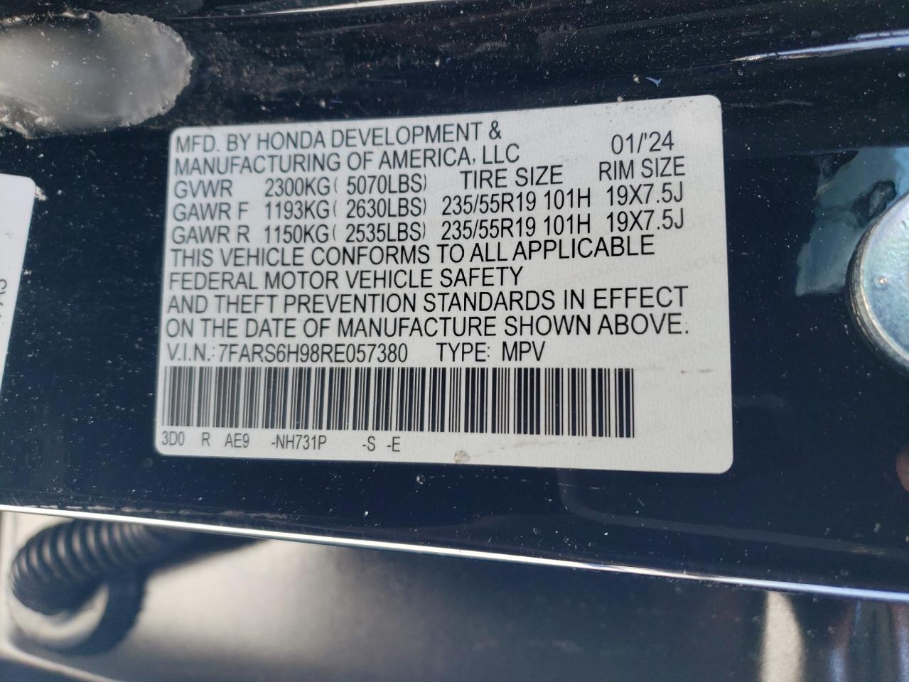 2024 HONDA CR-V SPORT TOURING VIN:7FARS6H98RE057380