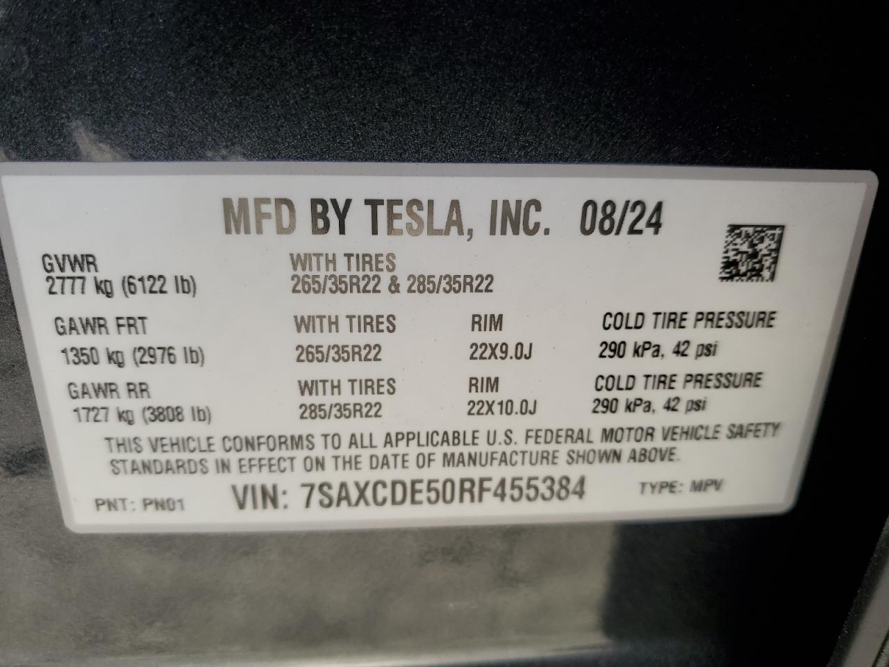 2024 TESLA MODEL X VIN:7SAXCDE50RF455384