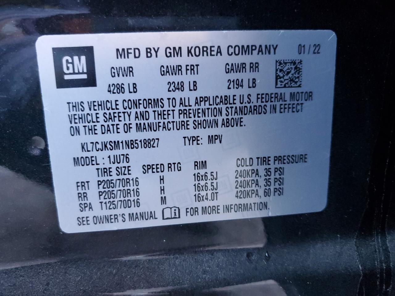 2022 CHEVROLET TRAX LS VIN:KL7CJKSM1NB518827