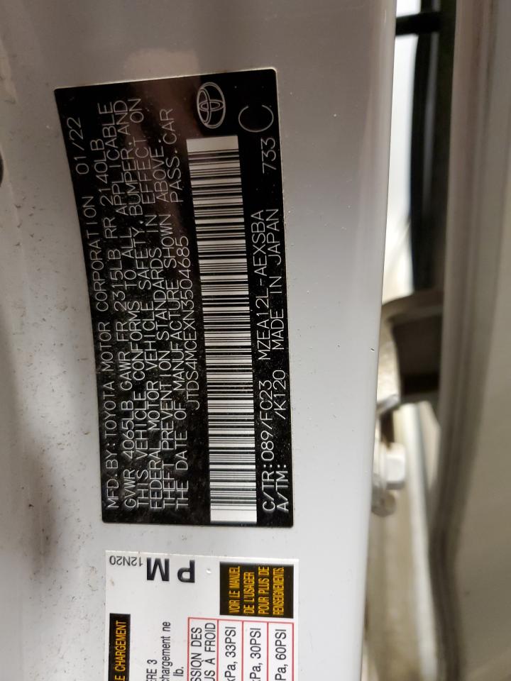 2022 TOYOTA COROLLA SE VIN:JTDS4MCEXN3504685