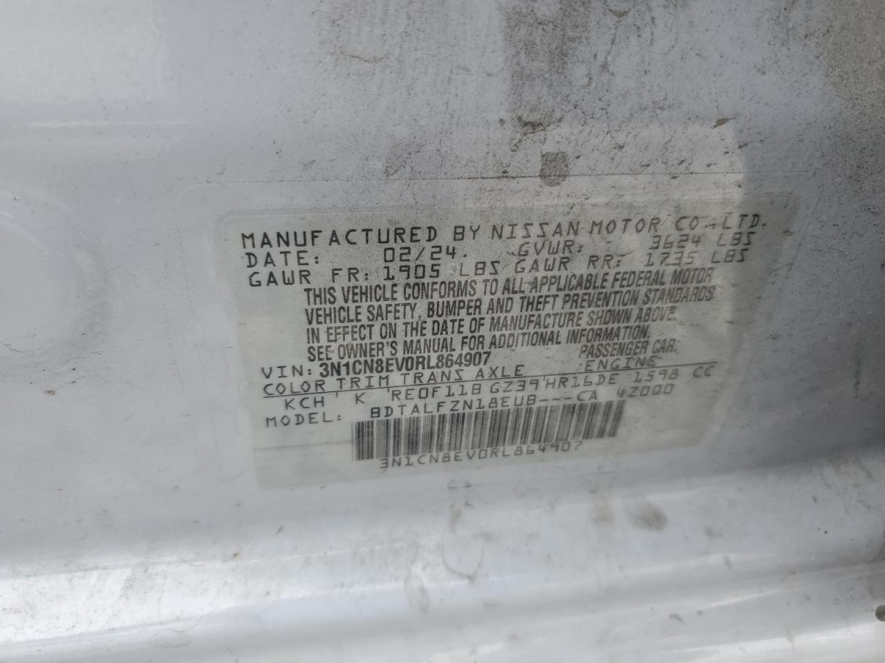 2024 NISSAN VERSA SV VIN:3N1CN8EV0RL864907
