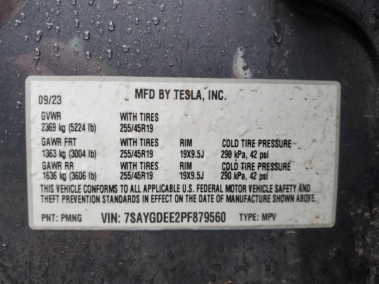 2023 TESLA MODEL Y VIN:7SAYGDEE2PF879560