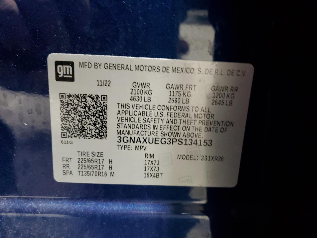 2023 CHEVROLET EQUINOX LT VIN:3GNAXUEG3PS134153