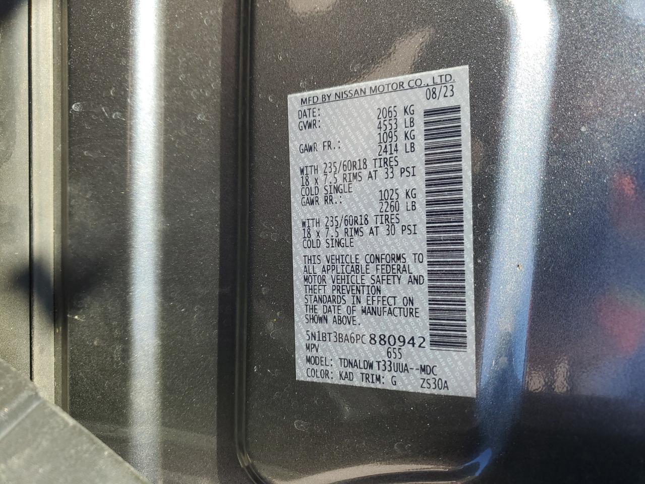 2023 NISSAN ROGUE SV VIN:5N1BT3BA6PC880942