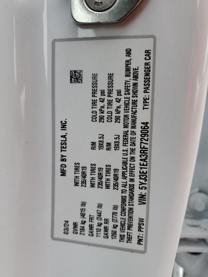 2024 TESLA MODEL 3 VIN:5YJ3E1EA3RF729064