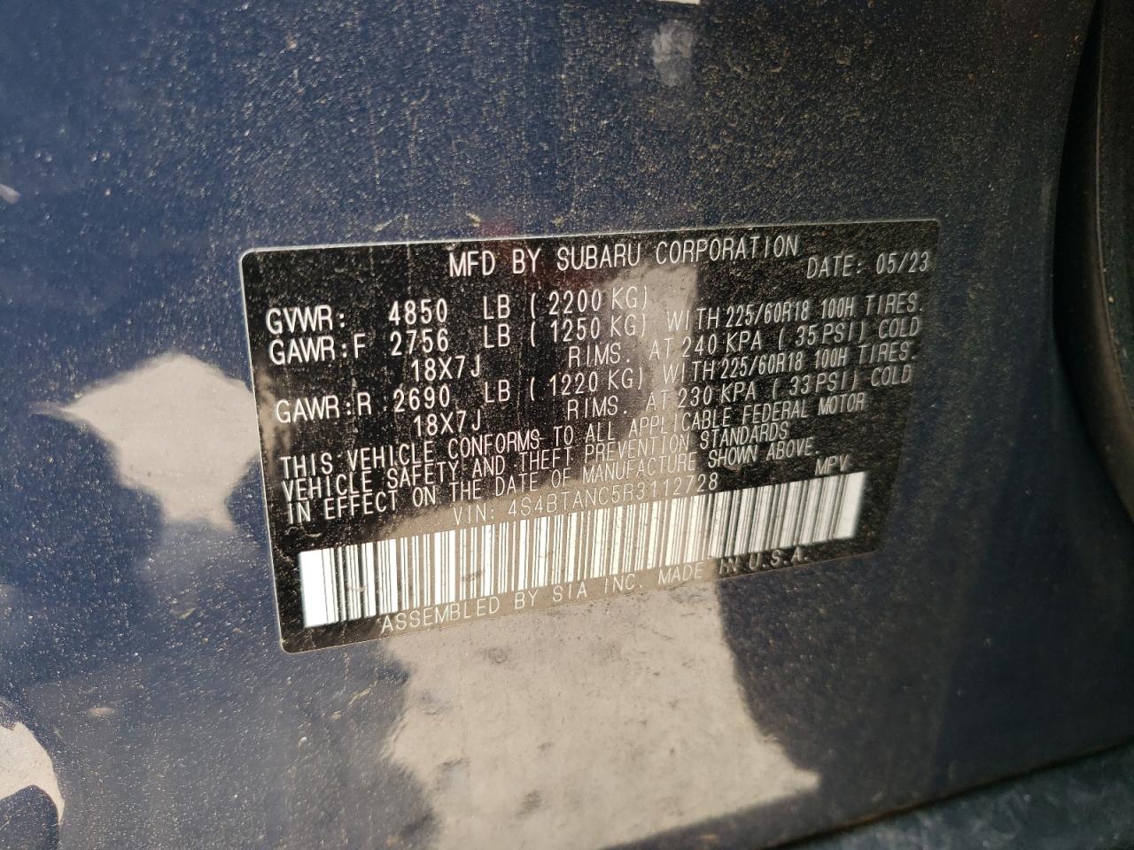 2024 SUBARU OUTBACK LIMITED VIN:4S4BTANC5R3112728