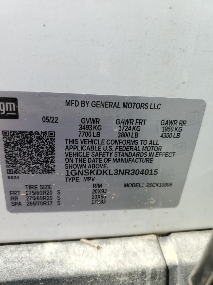 2022 CHEVROLET SUBURBAN K1500 Z71 VIN:1GNSKDKL3NR304015