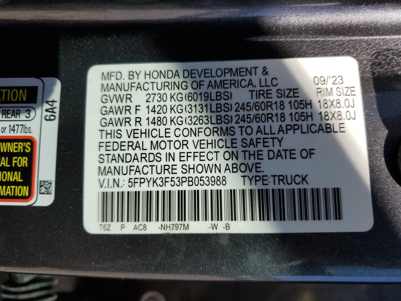 2023 HONDA RIDGELINE RTL VIN:5FPYK3F53PB053988