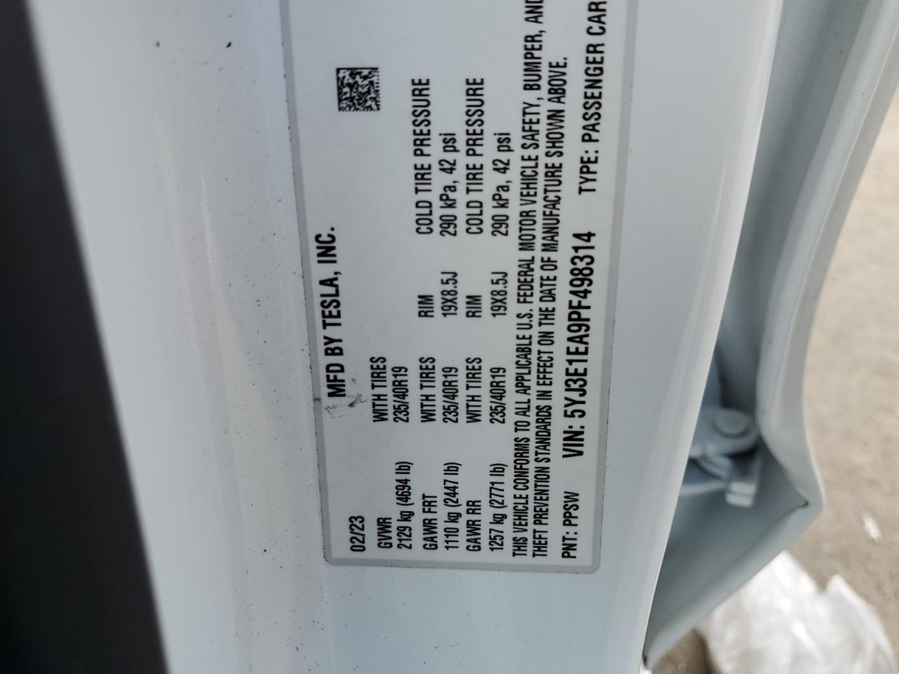 2023 TESLA MODEL 3 VIN:5YJ3E1EA9PF498314