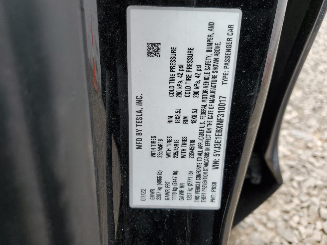 2022 TESLA MODEL 3 VIN:5YJ3E1EBXNF310017