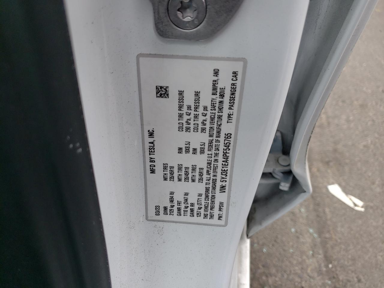 2023 TESLA MODEL 3 VIN:5YJ3E1EA4PF545765