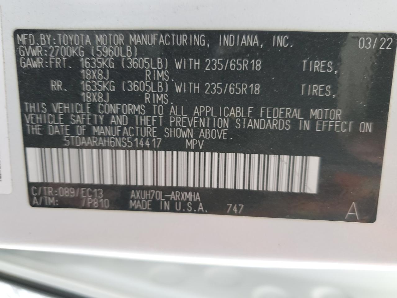 2022 TOYOTA HIGHLANDER HYBRID XLE VIN:5TDAARAH6NS514417