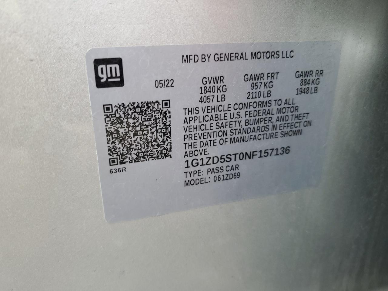 2022 CHEVROLET MALIBU LT VIN:1G1ZD5ST0NF157136