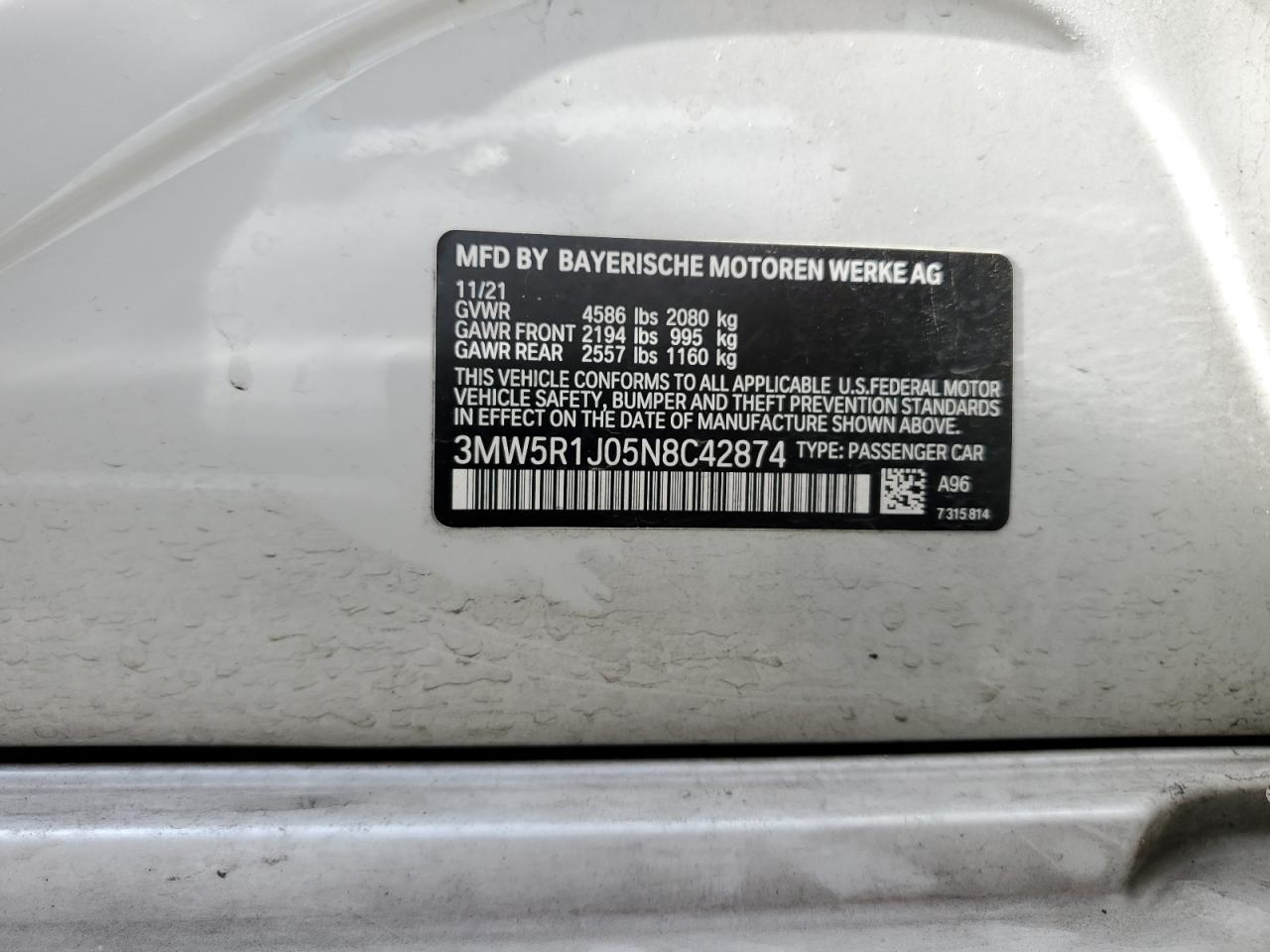 2022 BMW 330I VIN:3MW5R1J05N8C42874