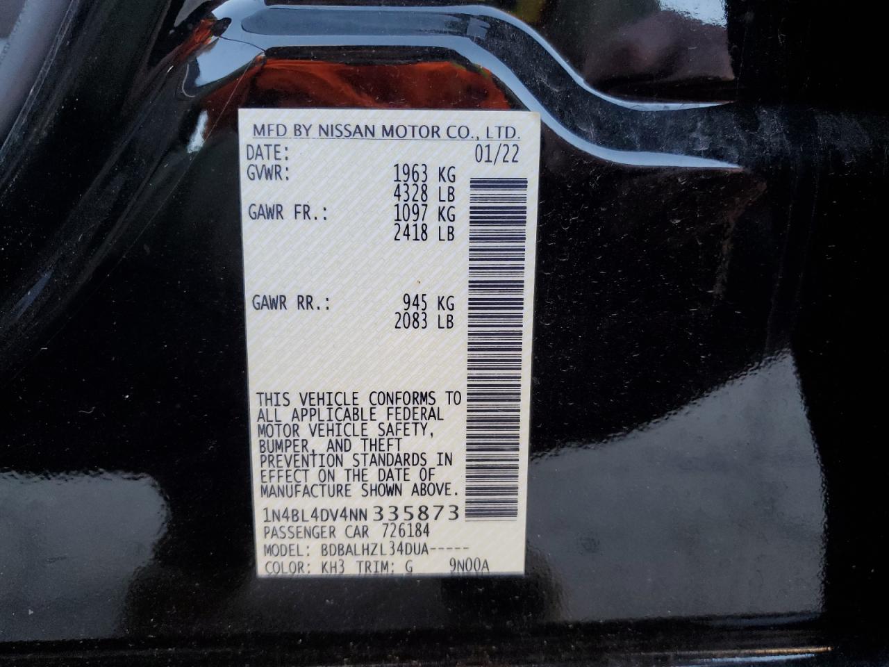 2022 NISSAN ALTIMA SV VIN:1N4BL4DV4NN335873