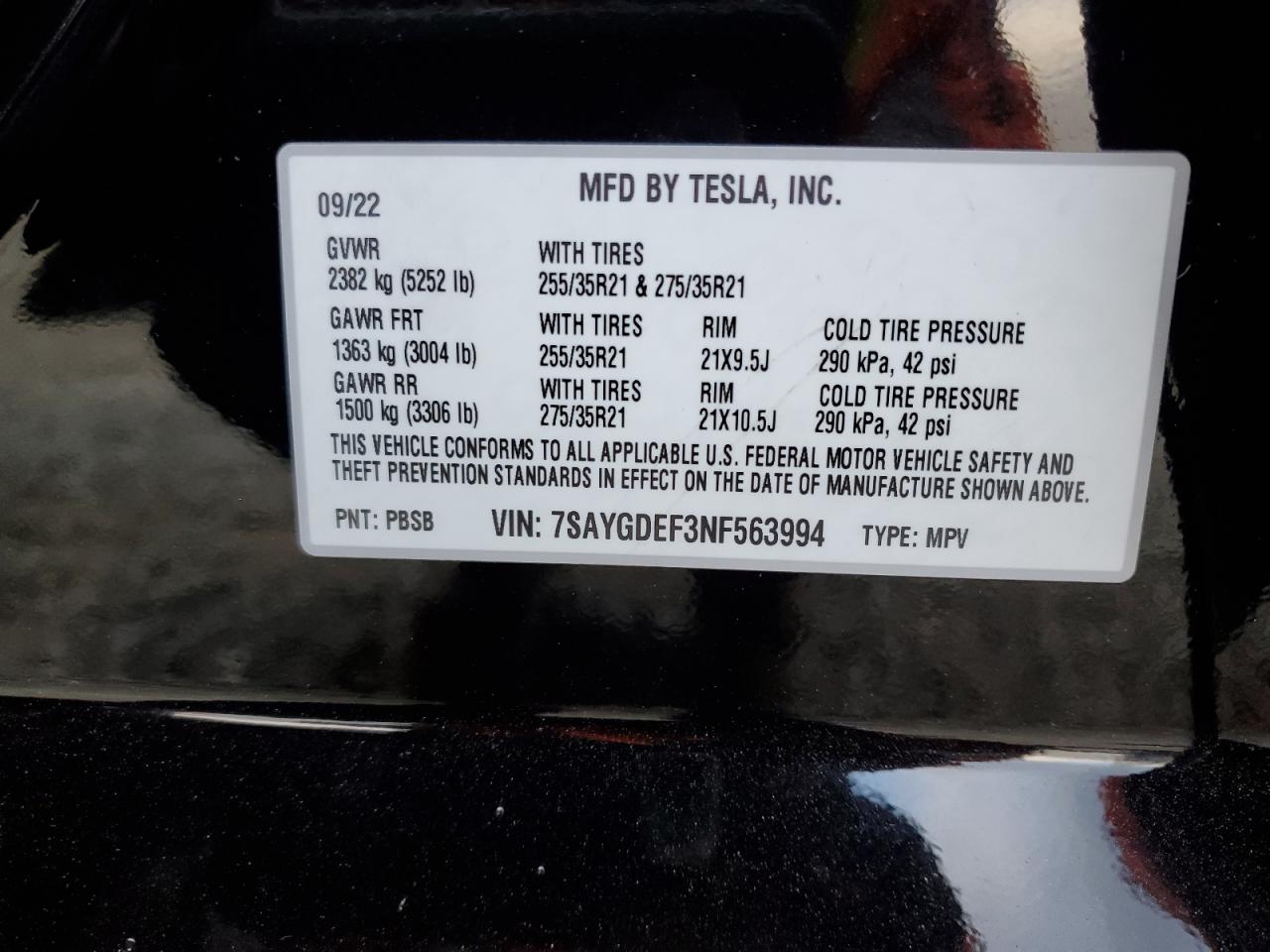 2022 TESLA MODEL Y VIN:7SAYGDEF3NF563994