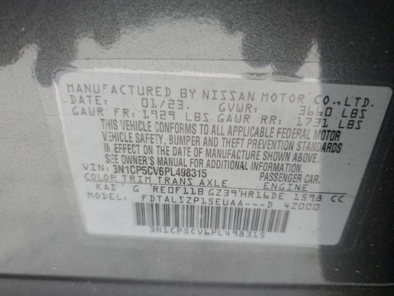 2023 NISSAN KICKS SV VIN:3N1CP5CV6PL498315