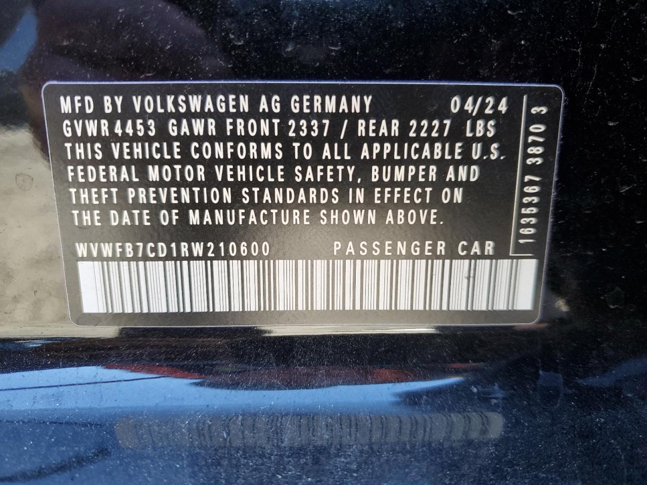 2024 VOLKSWAGEN GOLF R VIN:WVWFB7CD1RW210600