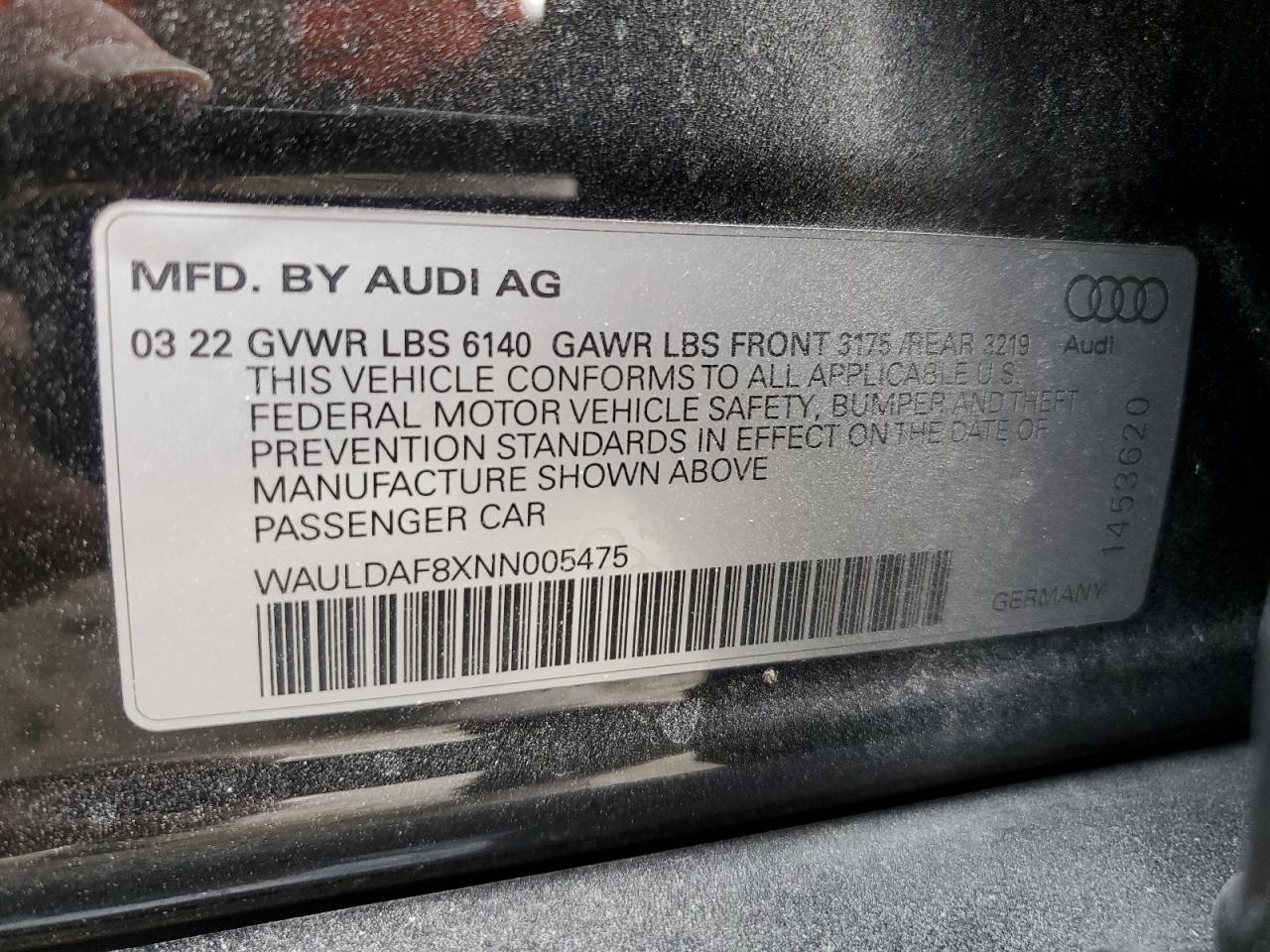 2022 AUDI A8 L VIN:WAULDAF8XNN005475