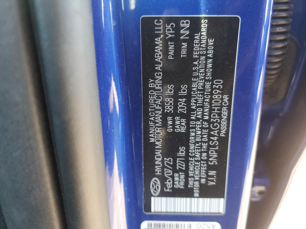 2023 HYUNDAI ELANTRA SEL VIN:5NPLS4AG3PH108930