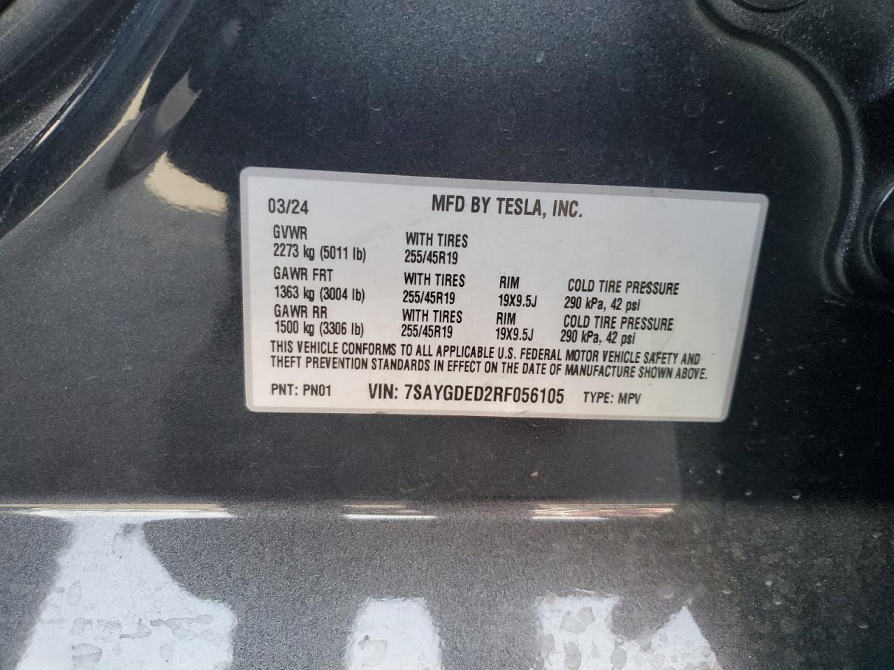 2024 TESLA MODEL Y VIN:7SAYGDED2RF056105