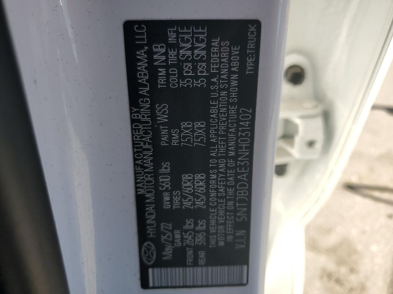 2022 HYUNDAI SANTA CRUZ SEL VIN:5NTJBDAE3NH031402