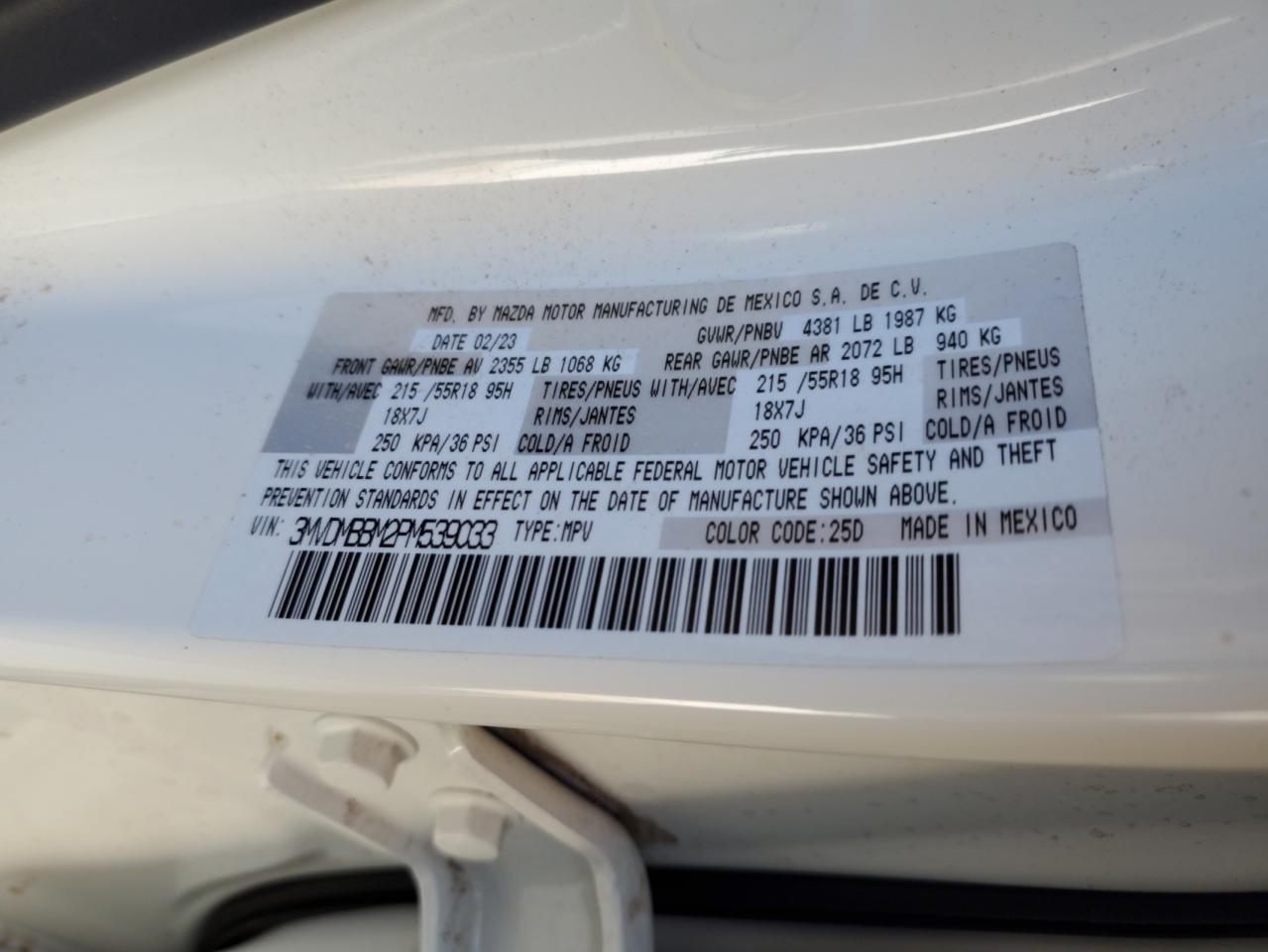 2023 MAZDA CX-30 SELECT VIN:3MVDMBBM2PM539033