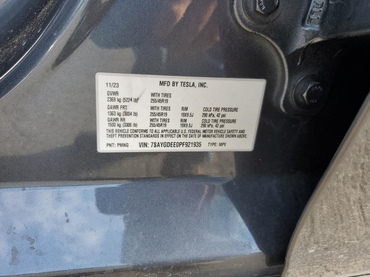2023 TESLA MODEL Y VIN:7SAYGDEE0PF921935