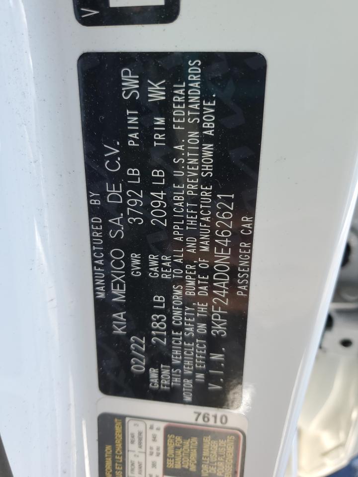 2022 KIA FORTE FE VIN:3KPF24AD0NE462621