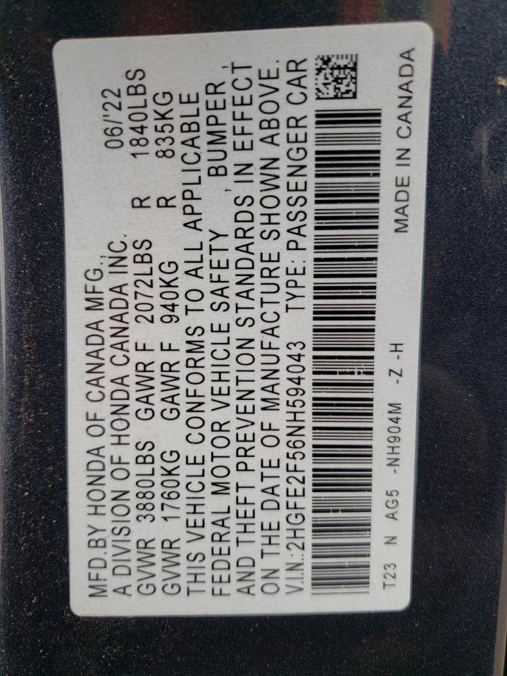 2022 HONDA CIVIC SPORT VIN:2HGFE2F56NH594043