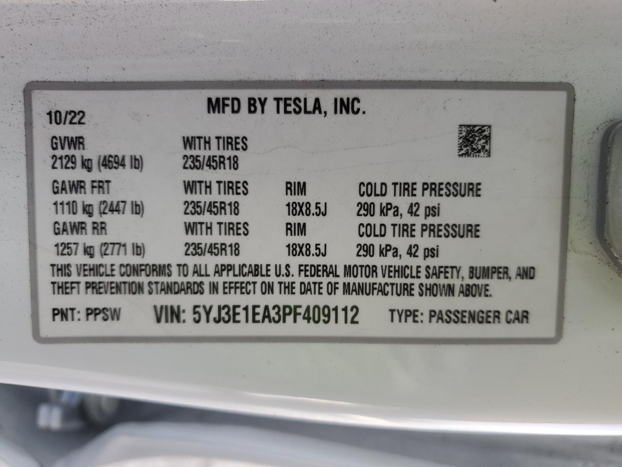 2023 TESLA MODEL 3 VIN:5YJ3E1EA3PF409112