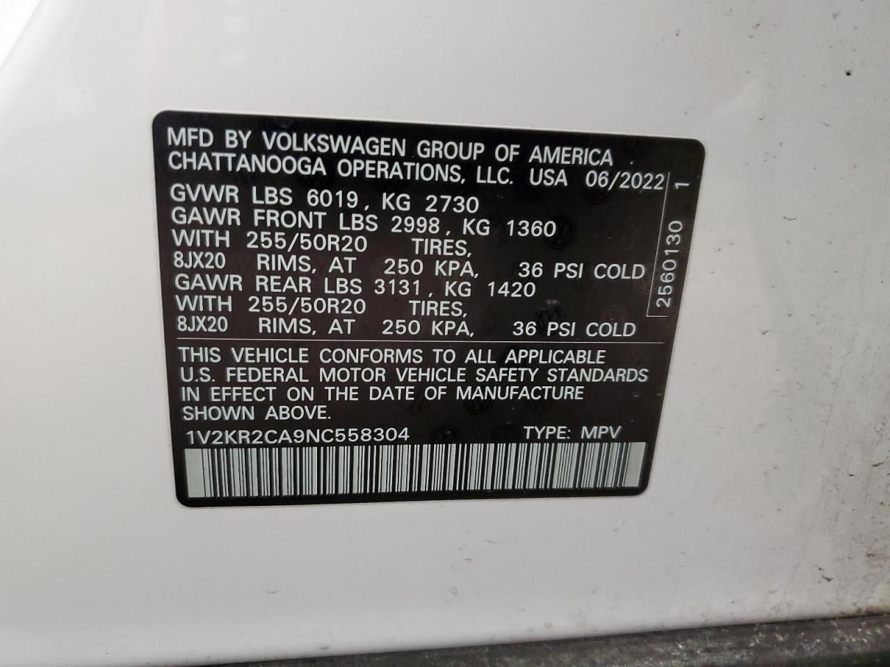 2022 VOLKSWAGEN ATLAS SE VIN:1V2KR2CA9NC558304