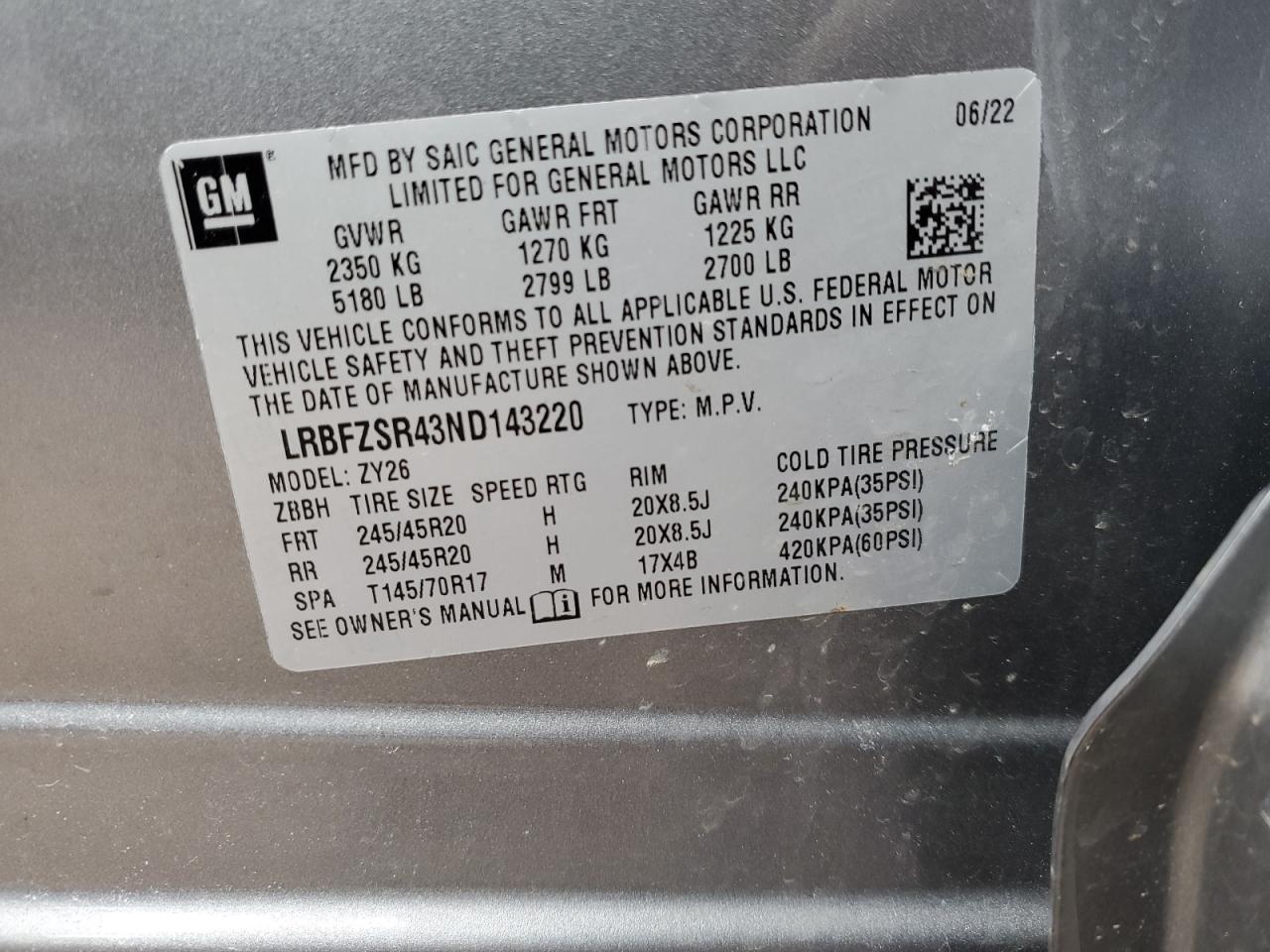 2022 BUICK ENVISION AVENIR VIN:LRBFZSR43ND143220