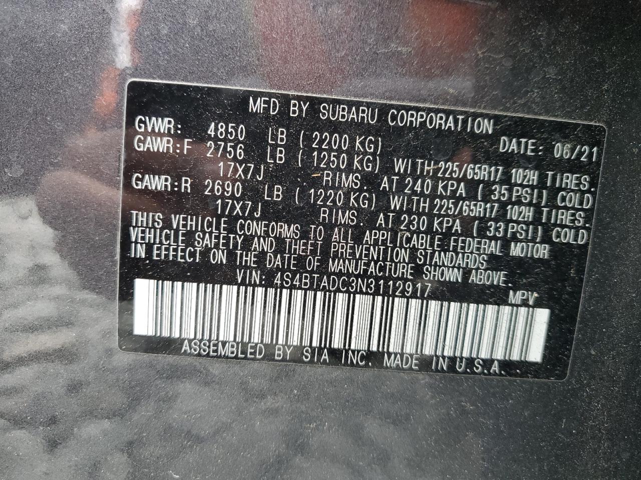 2022 SUBARU OUTBACK PREMIUM VIN:4S4BTADC3N3112917