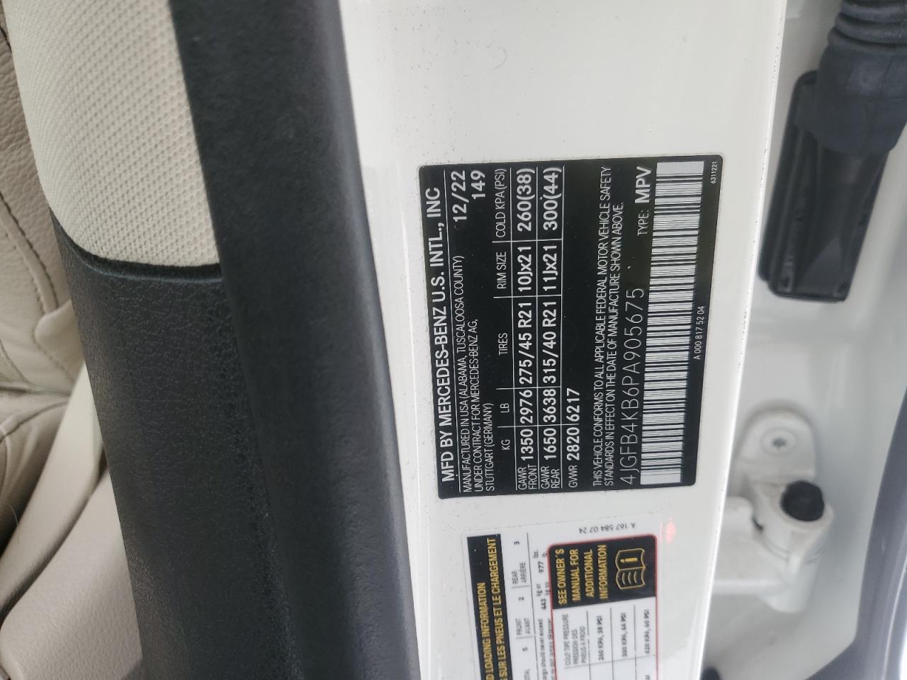 2023 MERCEDES-BENZ GLE 350 4MATIC VIN:4JGFB4KB6PA905675