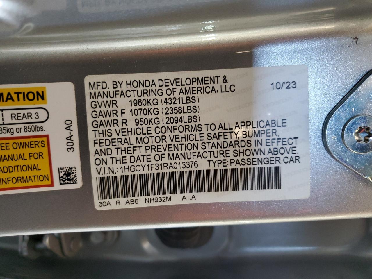 2024 HONDA ACCORD EX VIN:1HGCY1F31RA013376