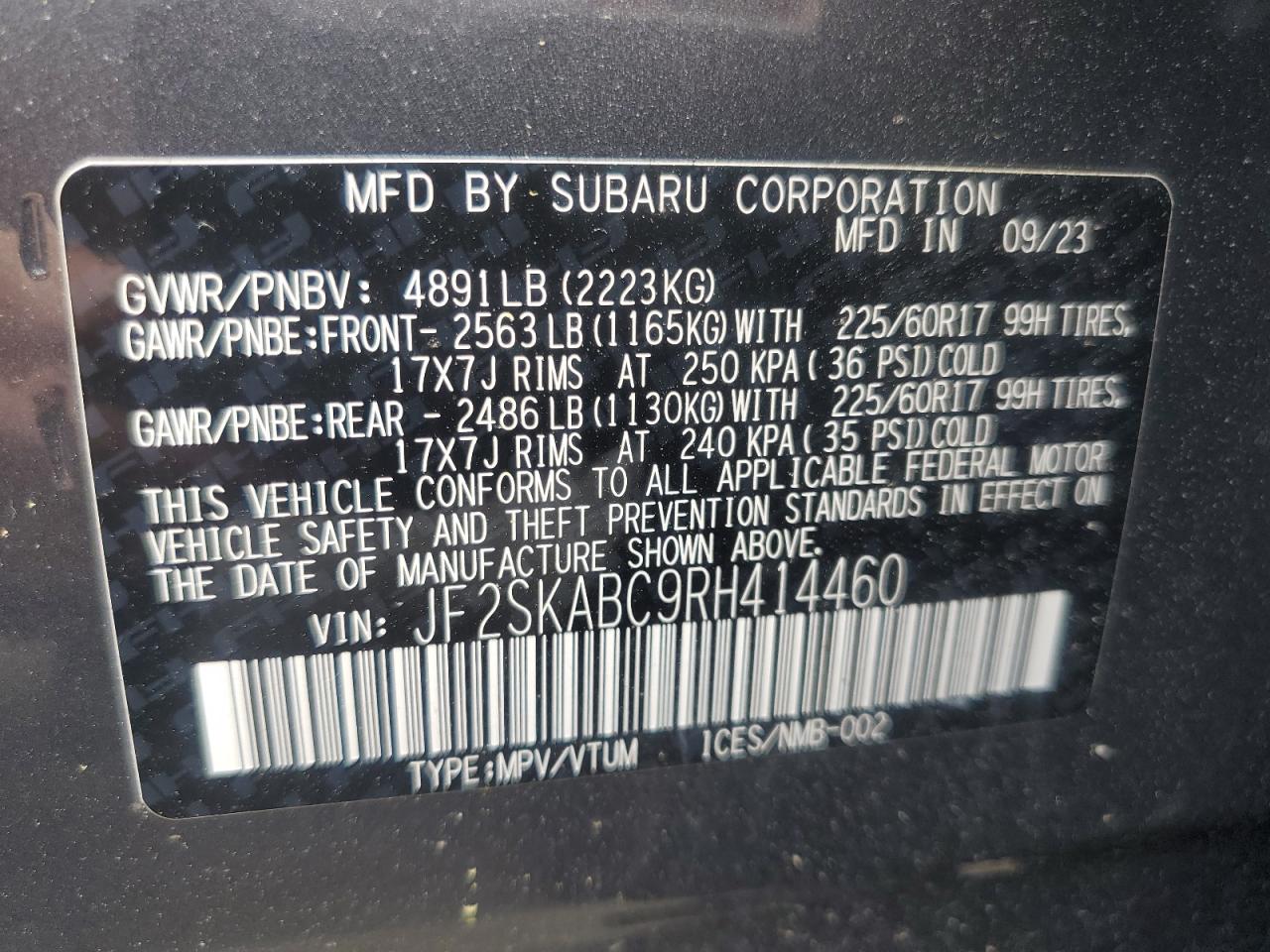 2024 SUBARU FORESTER VIN:JF2SKABC9RH414460