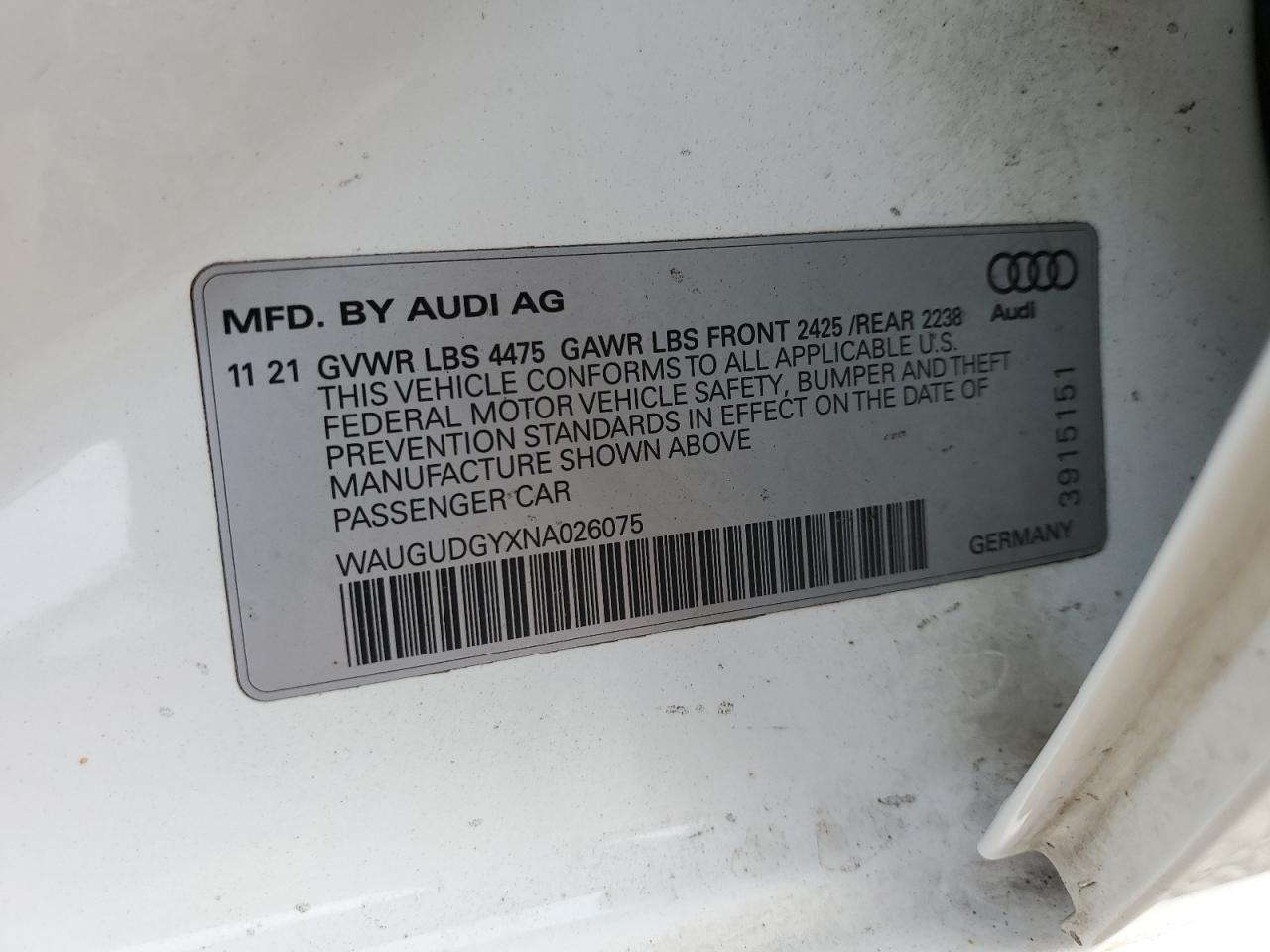 2022 AUDI A3 PREMIUM VIN:WAUGUDGYXNA026075