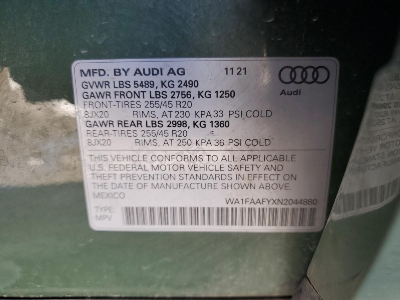 2022 AUDI Q5 PRESTIGE 45 VIN:WA1FAAFYXN2044880