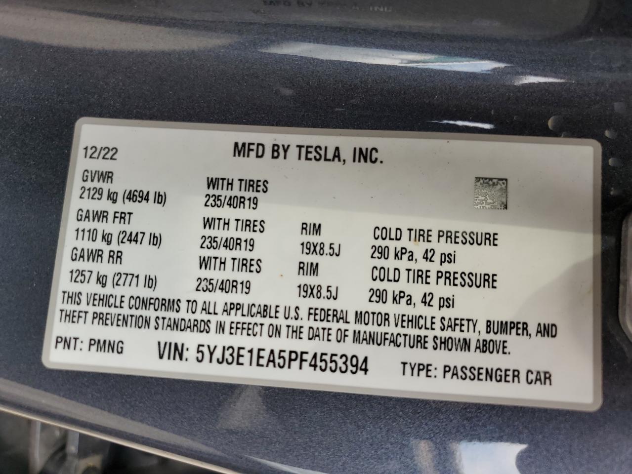 2023 TESLA MODEL 3 VIN:5YJ3E1EA5PF455394