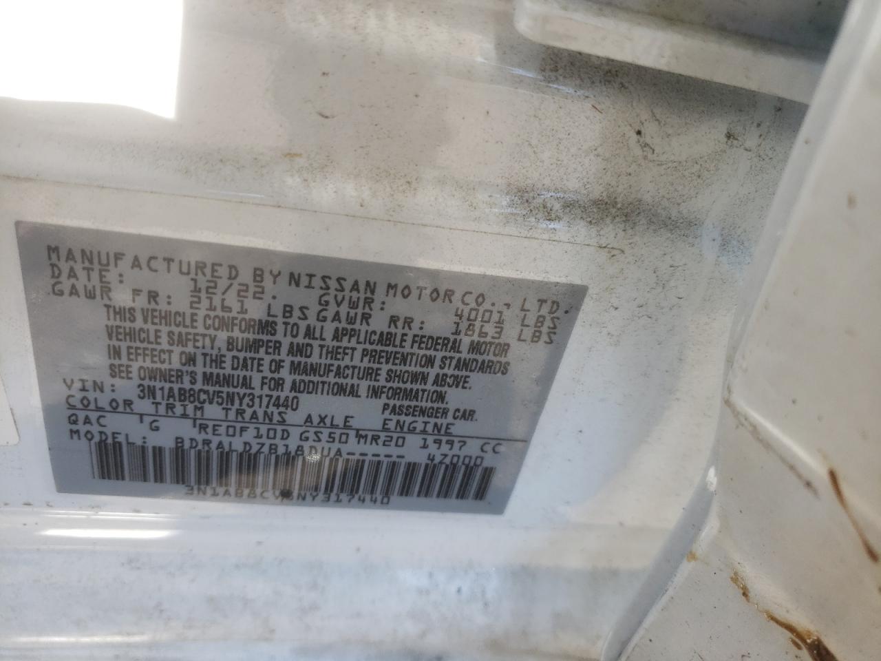 2022 NISSAN SENTRA SV VIN:3N1AB8CV5NY317440