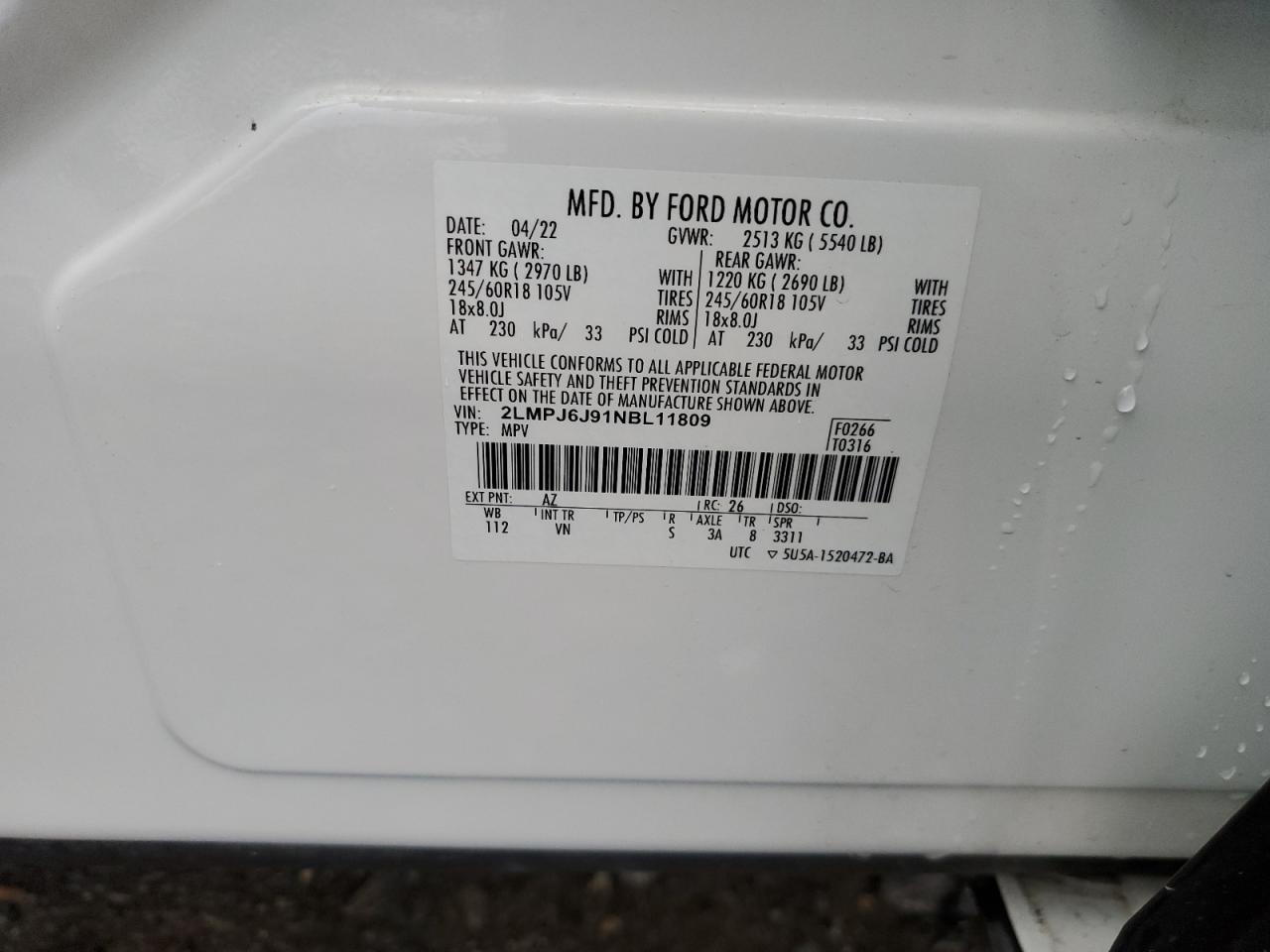 2022 LINCOLN NAUTILUS VIN:1FTYR1CM6KKB81786