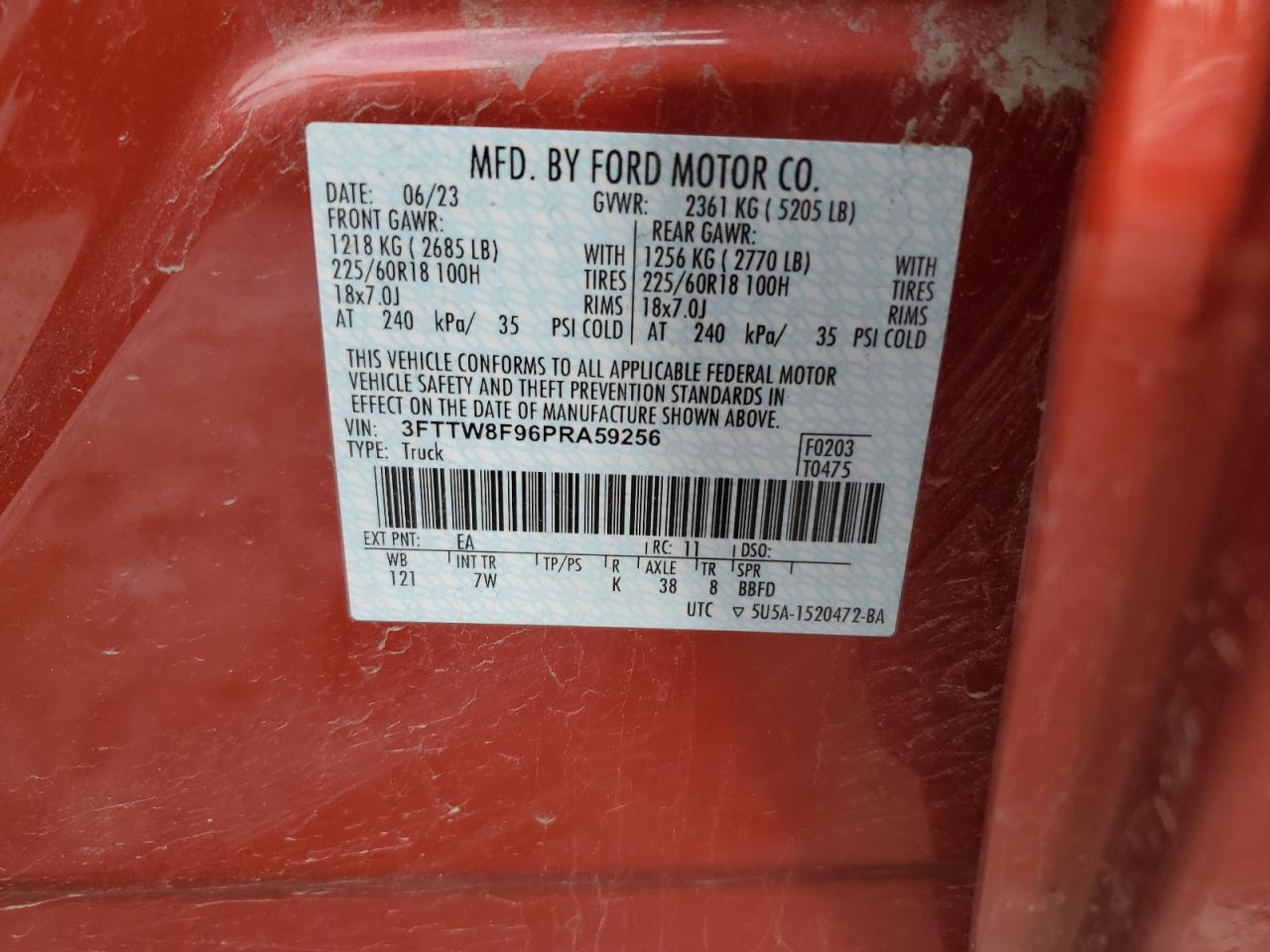 2023 FORD MAVERICK XL VIN:3FTTW8F96PRA59256