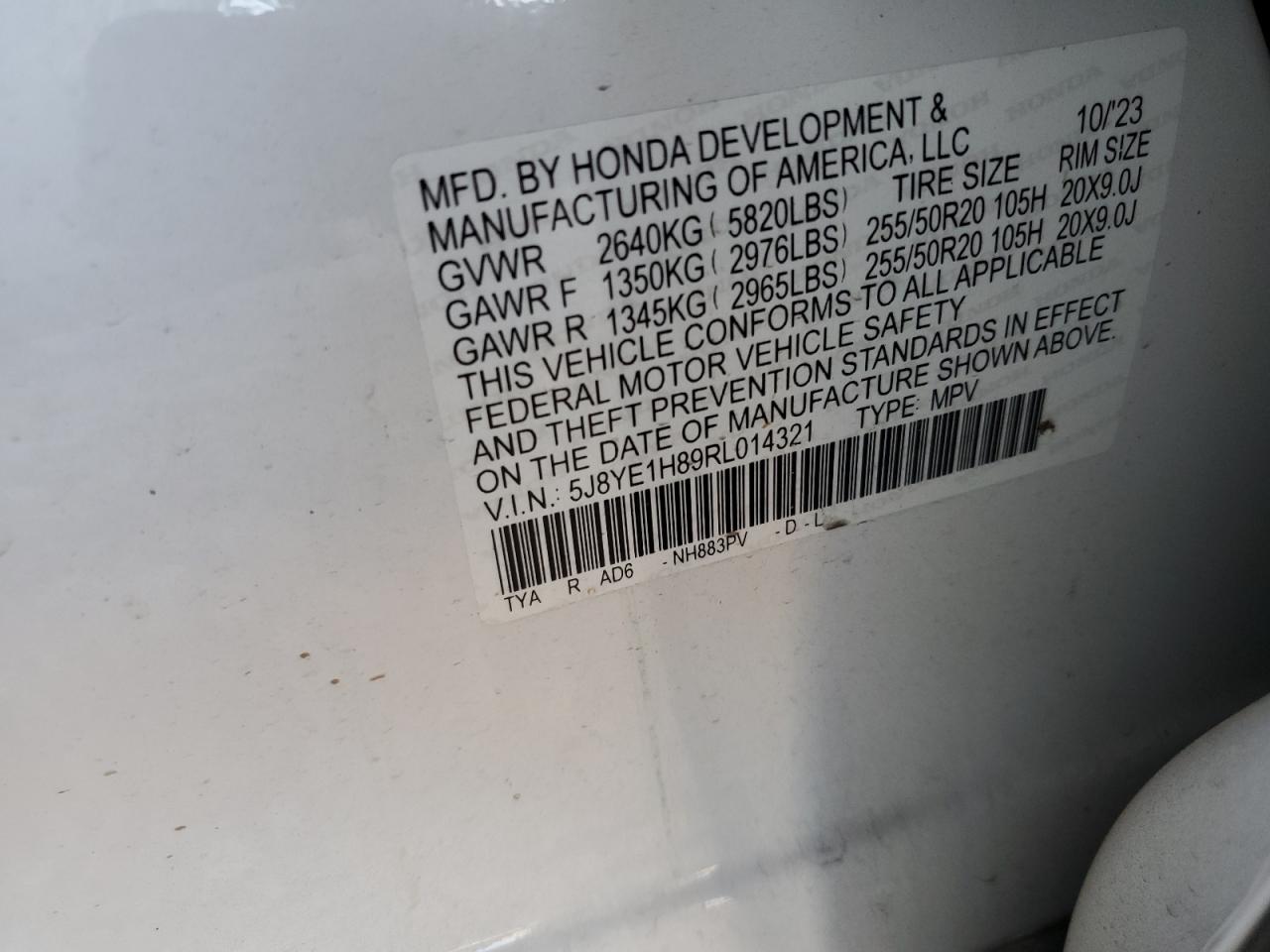 2024 ACURA MDX ADVANCE VIN:5J8YE1H89RL014321