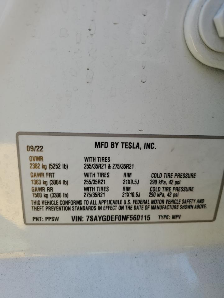 2022 TESLA MODEL Y VIN:7SAYGDEF0NF560115